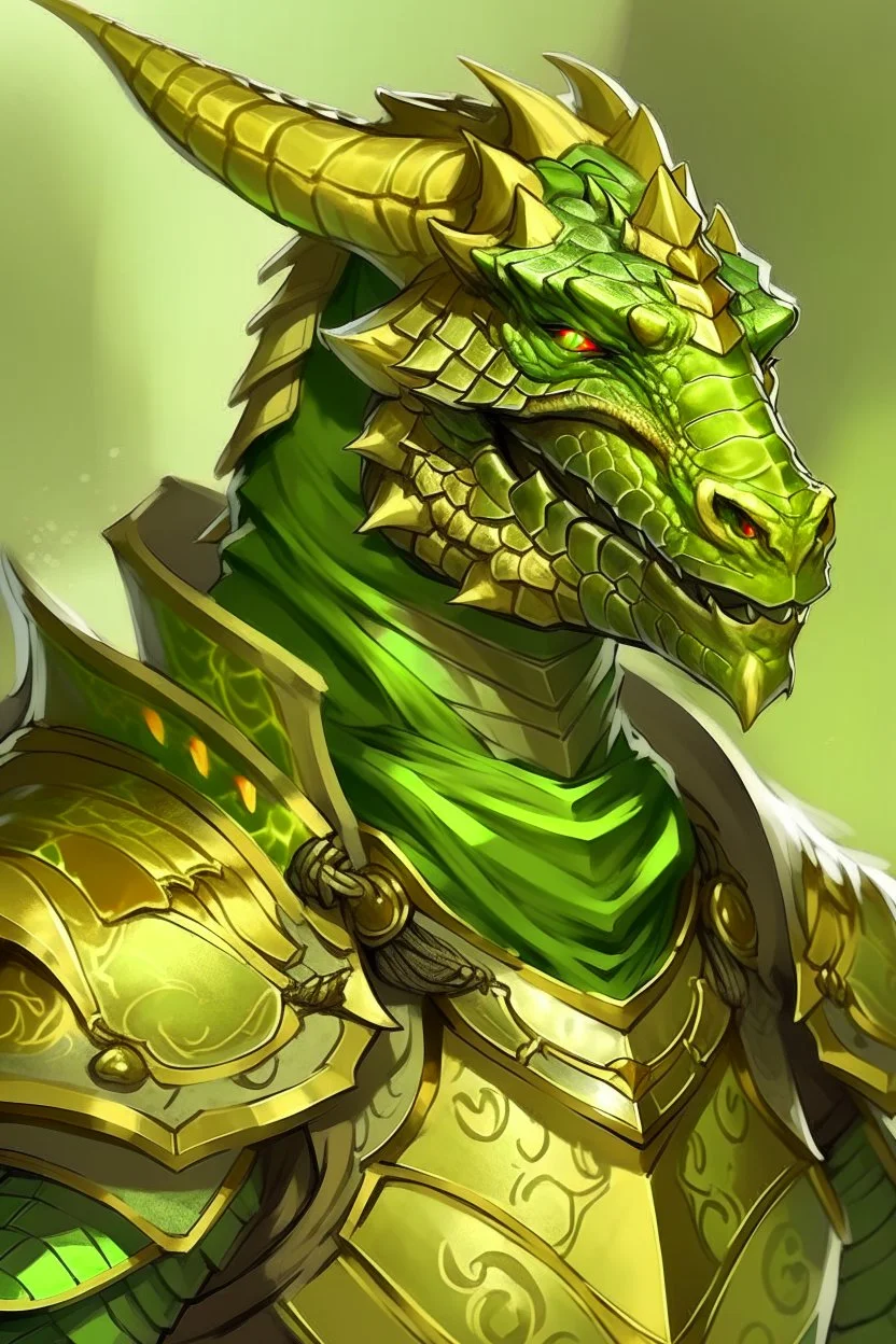 Dragonborn DnD, golden, friendly face, green knight