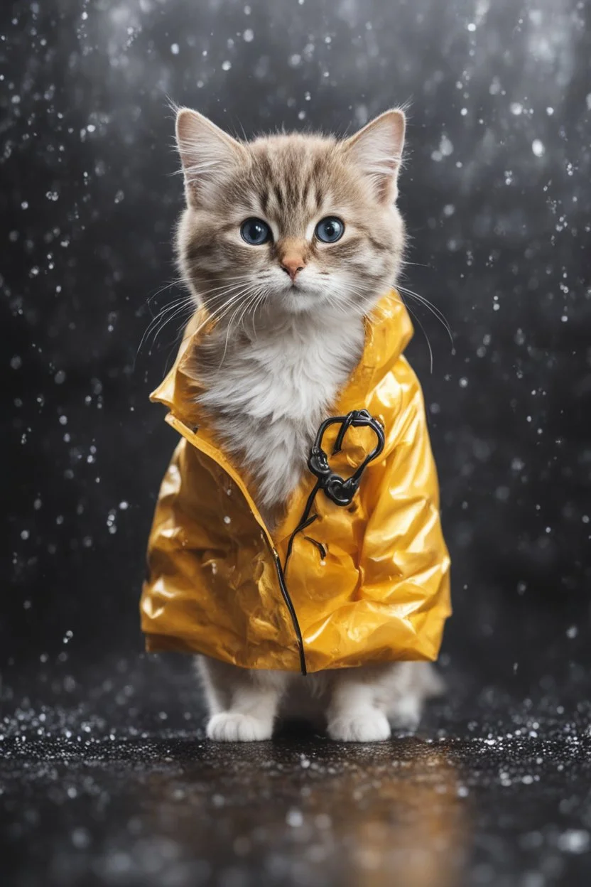 baby cat in raincoat. Chibi, Photograph, Canon DSLR, Tilt - shift, black background, high definition, Complete and coordinated composition, 8k