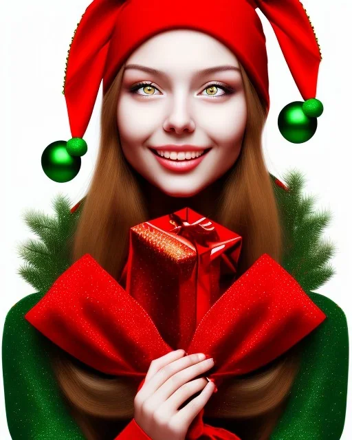 girl in red green, close up portrait, Christmas, smiling, cute, beautiful