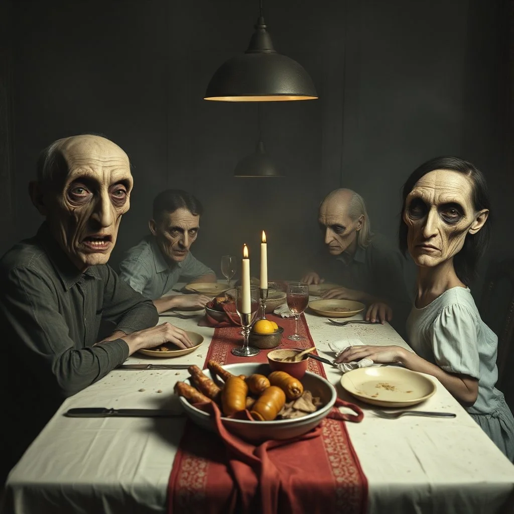 Photo of a family sitting at the dinner table. Hypermaximalist, grime, shadow, fog, unsettling, antique, old, liminal, odd, uncanny, transformational, interesting, rift, cryptic, low-fidelity, unreal, deserted, abstracted, twins, ambiguous, surreal, jaws, elongated, oblong, undulating, mouths, eyes, eerie