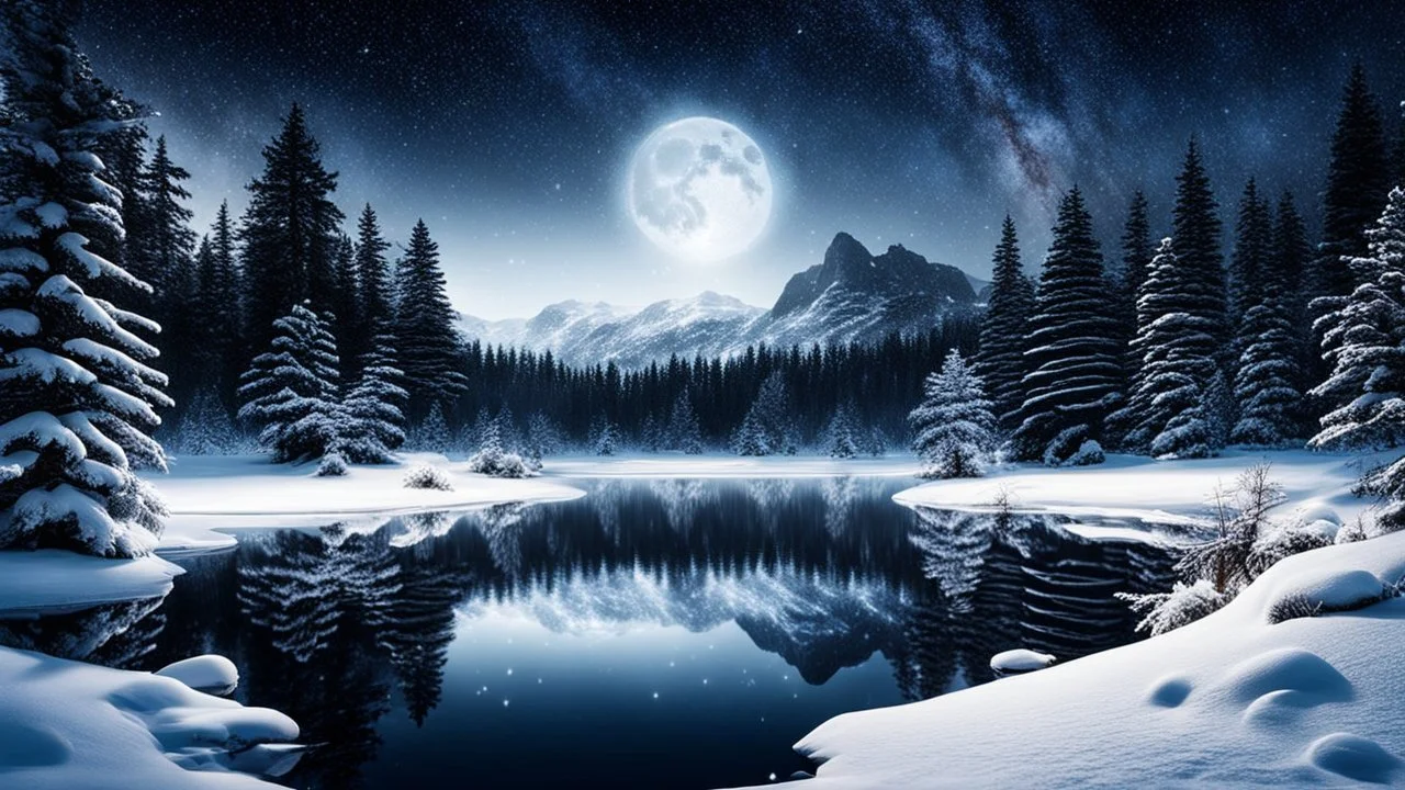 A mystical winter night scene; dark pine trees surround a snow-covered lake, reflecting the moonlight. Snowflakes twirl through the air, enchanting the serene winter forest.