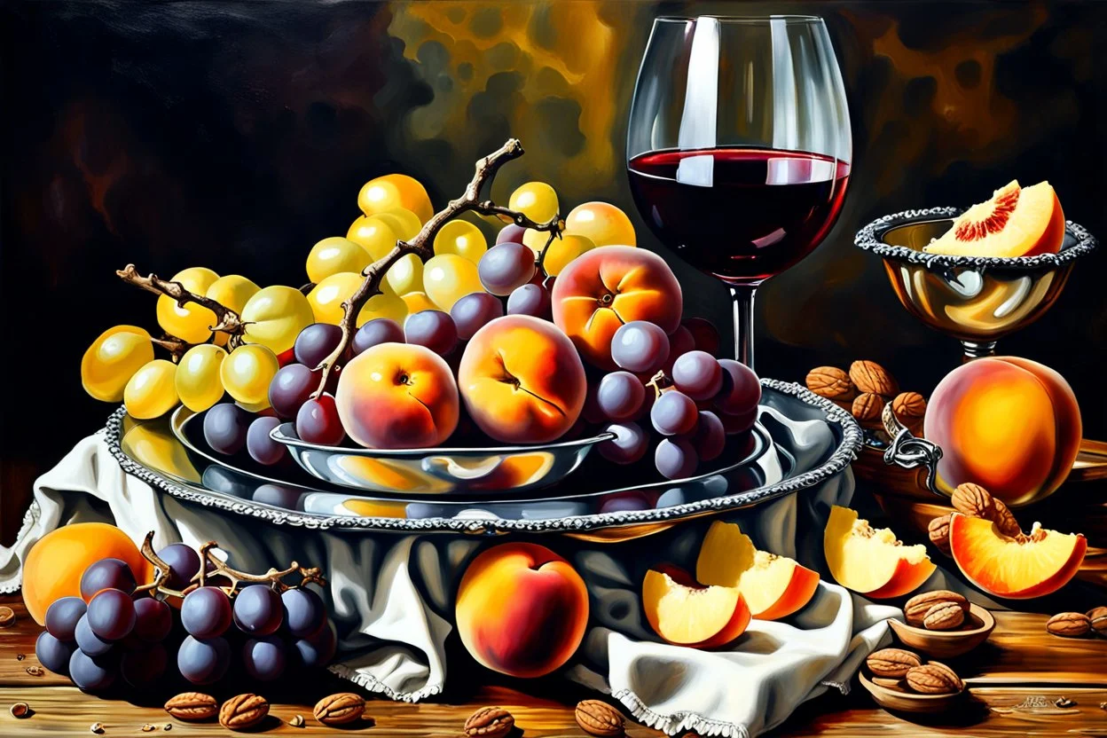 Create a masterpiece an oil painting on cracked canvas: of a Gleaming melting chrome serving tray with spent wine, partially decayed grapes, peaches, oranges, lemon's, walnuts, discarded dry stale bread and mouldy cheese, cloth draped over an old wooden ultra textured table, ultra-realistic portrayal, 8k resolution, rich cool tones, intricate textures, reflections, flawlessly polished exteriors, rule of thirds futuristic concept art of a still life Masterpiece. Modifiers: trending on Artstation