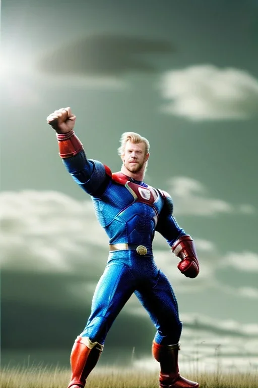 retro portrait image from 1960, sky background, wind, extra long blonde hair, fighting stance, young Chris Hemsworth, clean shave face, black dress, classic long tight lycra black suit, 2 steel disc in busty, big red cap, silver arms, gold bracelet and belt, high boots, soft color, highly detailed, classic comic Thor style, unreal engine 5, ray tracing, RTX, lumen lighting, ultra detail, volumetric lighting, 3d, finely drawn, high definition, high resolution.