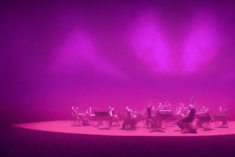 look from above at An orchestra playing on stage purple color scheme, high key lighting, volumetric light high details psychedelic background