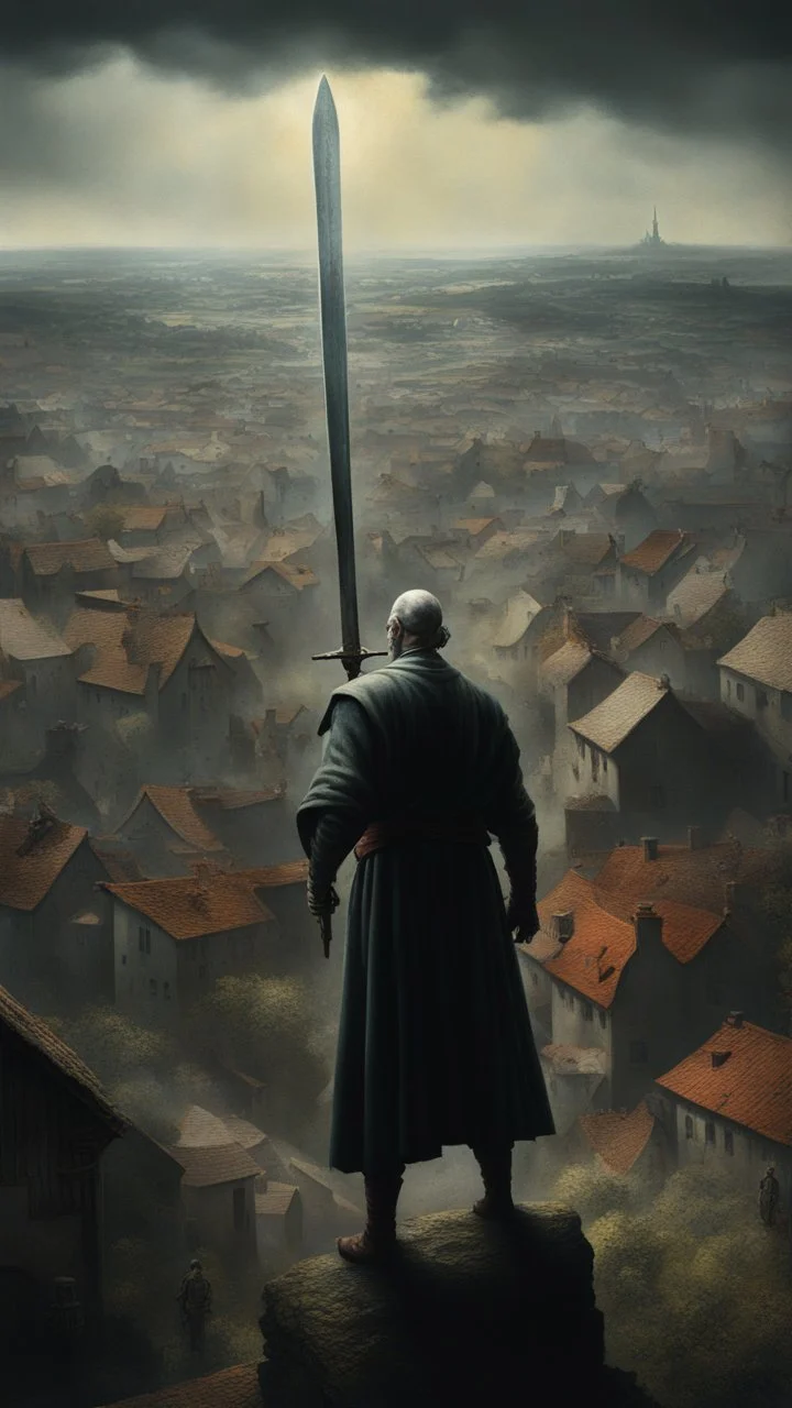 Bosch nightmares paining style Title:a giant man looks like a hero holding a big sword , atop view of a village , 8k artistic photography, photorealistic concept art, soft natural volumetric cinematic perfect light, chiaroscuro, award-winning photograph, masterpiece, oil on canvas, Raphael, Caravaggio, Greg Rutkowski, people, beksinski, Giger