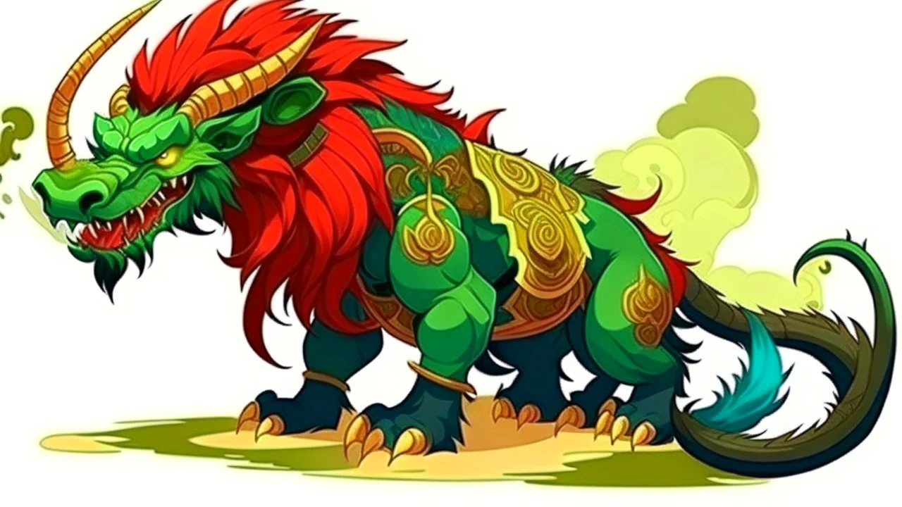 fantasy cartoon style illustration: in ancient China, there was a fierce green beast called “Nian”. He had sharp horn on it which could be used to attack its prey.