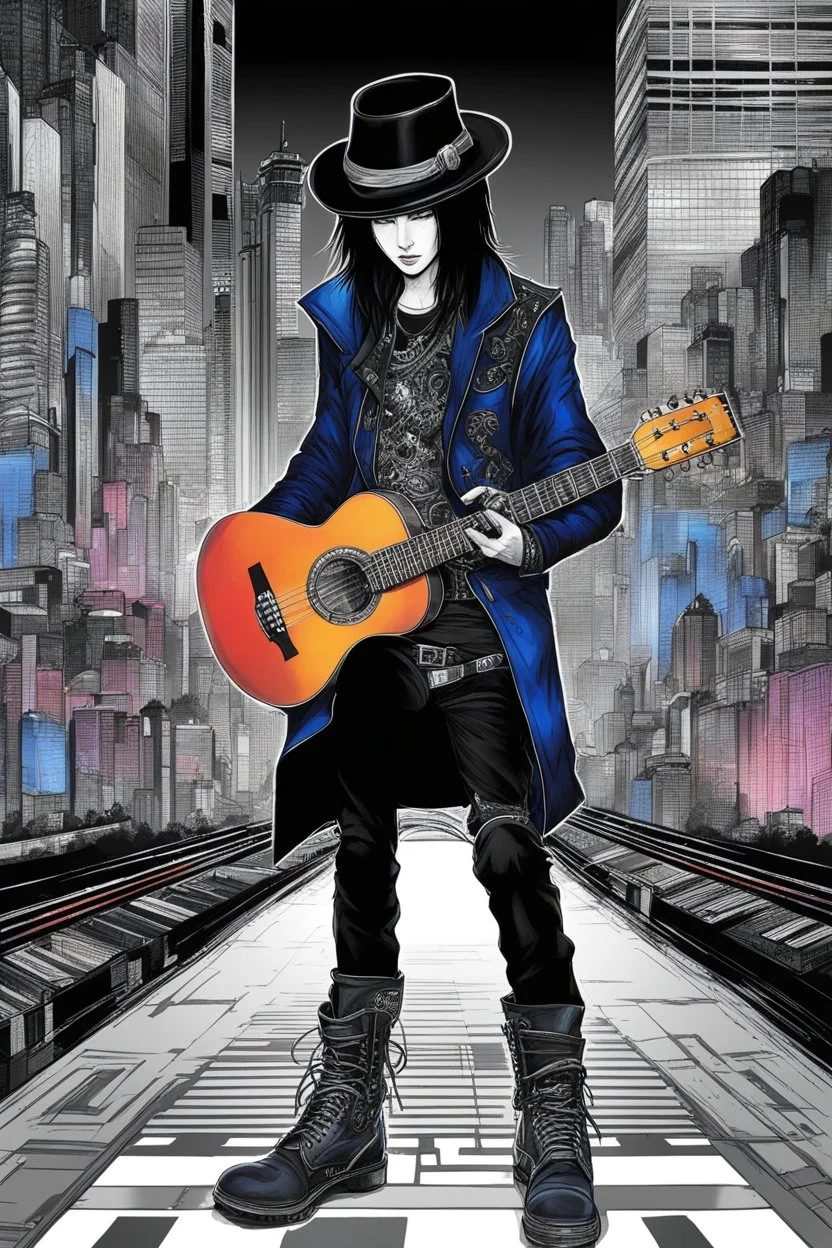 Mixed media picture, the background is black and white line art cyber city In the middle a colorful photo of an attraktive goth asian man playing on the old guitare , wearing goth dark cloths, shiny black jeans, steampunk black hat and black boots, his hair is deep blue-silver lines ans black colors, enhancing the contrast between her and the black and white cityscape space