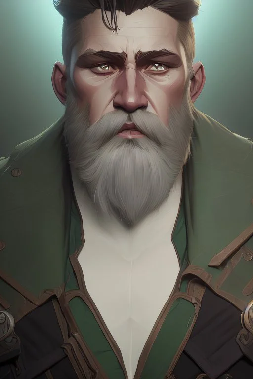 photorealistic white male bearded handsome, hyperdetailed painting, luminism, Bar lighting, complex, dark green miltary armor, 4k resolution concept art, Artgerm, WLOP, Alphonse Mucha, 3d render, octane render, intricately detailed, cinematic, awesome full color, hand drawn, dark, gritty, cinematic