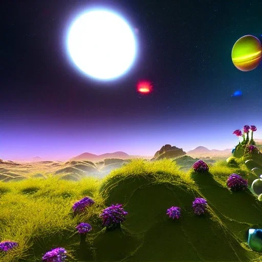 scifi landscape, lighting plants, flovers, another planet in sky, alien creatures on background, beautiful, attractive, carnivore, deep colours, 8k resolution, dynamic lighting, ultra hyperdetailed, intricately detailed, Unreal Engine 5