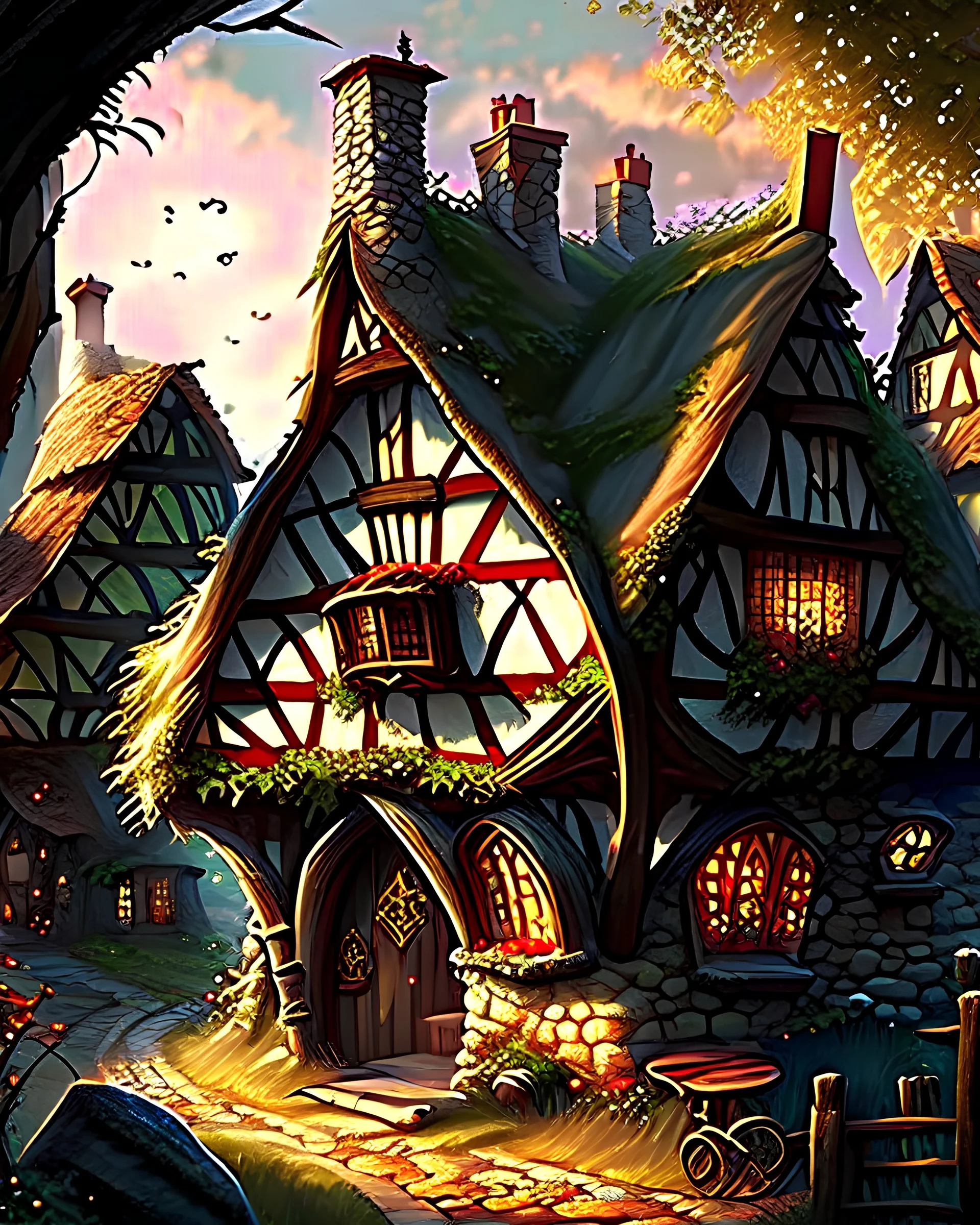 medieval fantasy thatched roof cottage town with stained glass window buildings fairytale rpg art