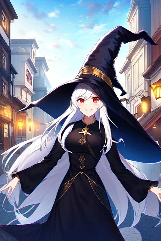 girl, masterpiece, best quality, cinematic lighting, detailed outfit, vibrant colors, perfect eyes, long hair, white hair, red eyes, witch outfit, smile, angry, landscape, town,