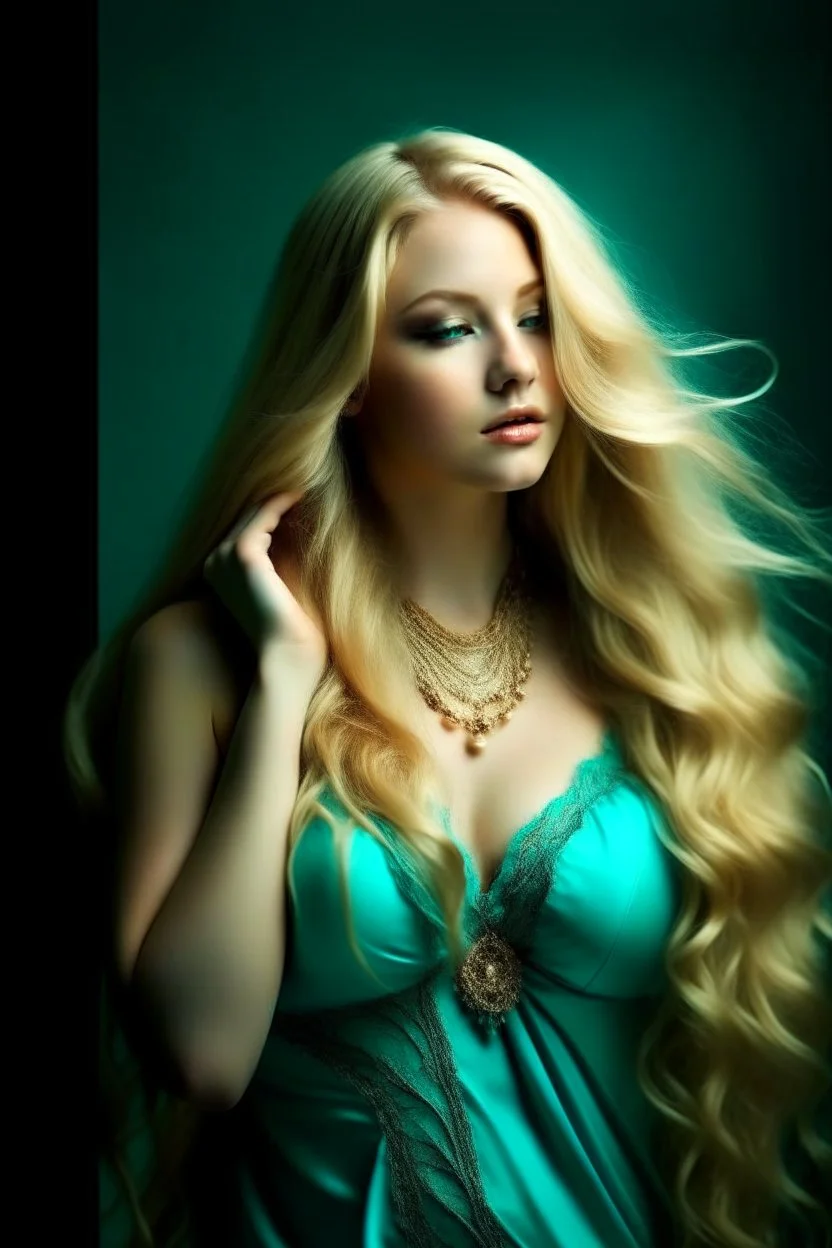 portrait of a goddess with long blond hair, curvy body, warm-hearted, turquoise