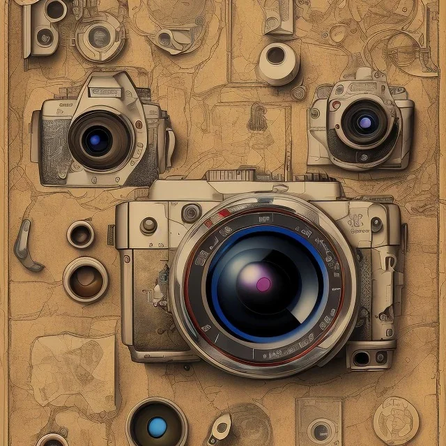 components of the camera laid out flat. poster design. high detailed. oil on canvas.