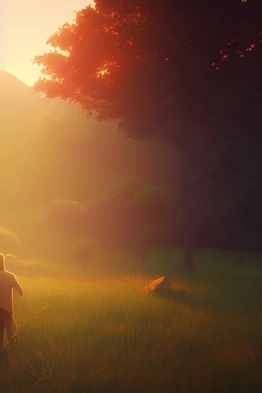  Jesus standing in the grass, A beautiful landscape at dawn by atey ghailan, ismail inceoglu, michal lisowski, artstation, volumetric light, high detail, perfect