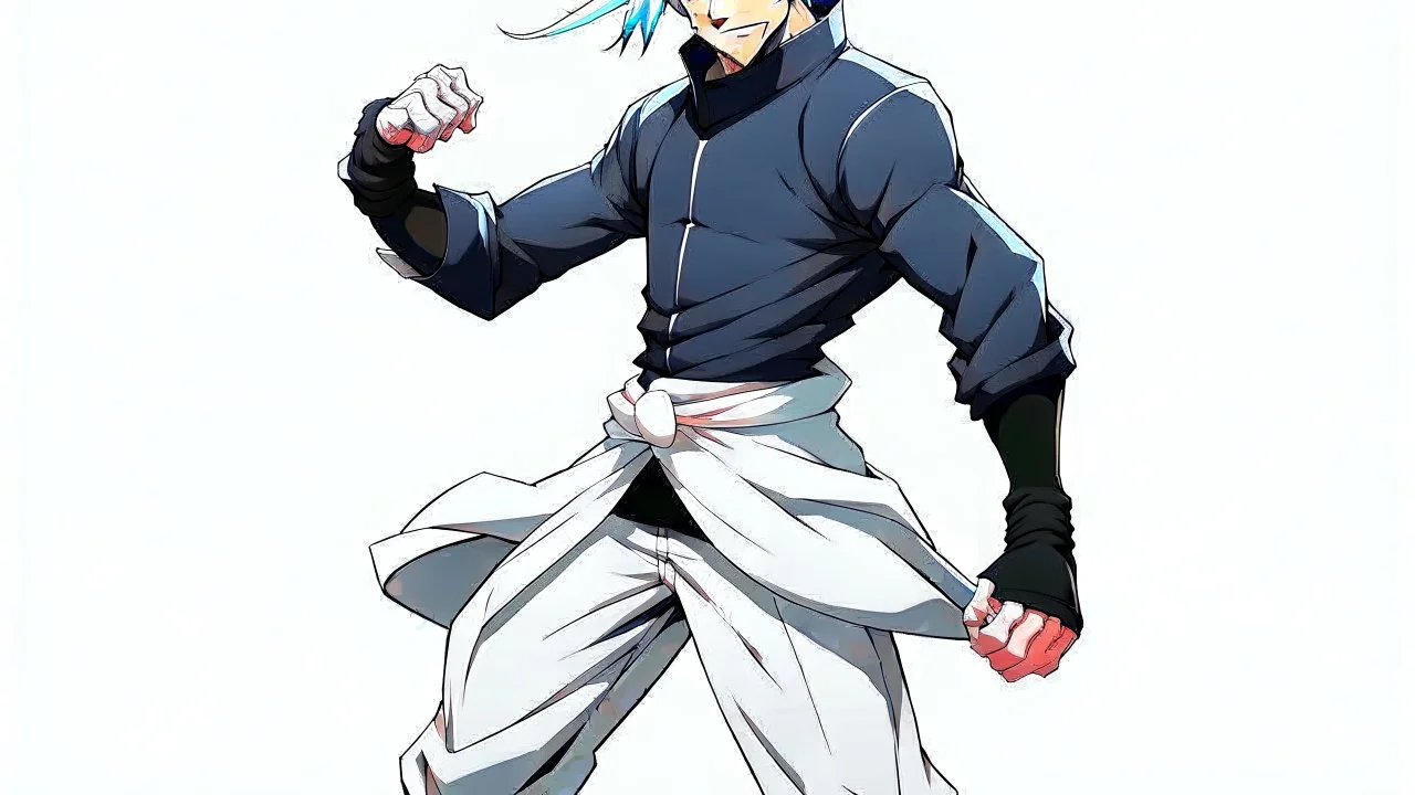 Satoru Gojo is a young guy white hair blue eyes black turtleneck without arms white loose pants in a defensive pose