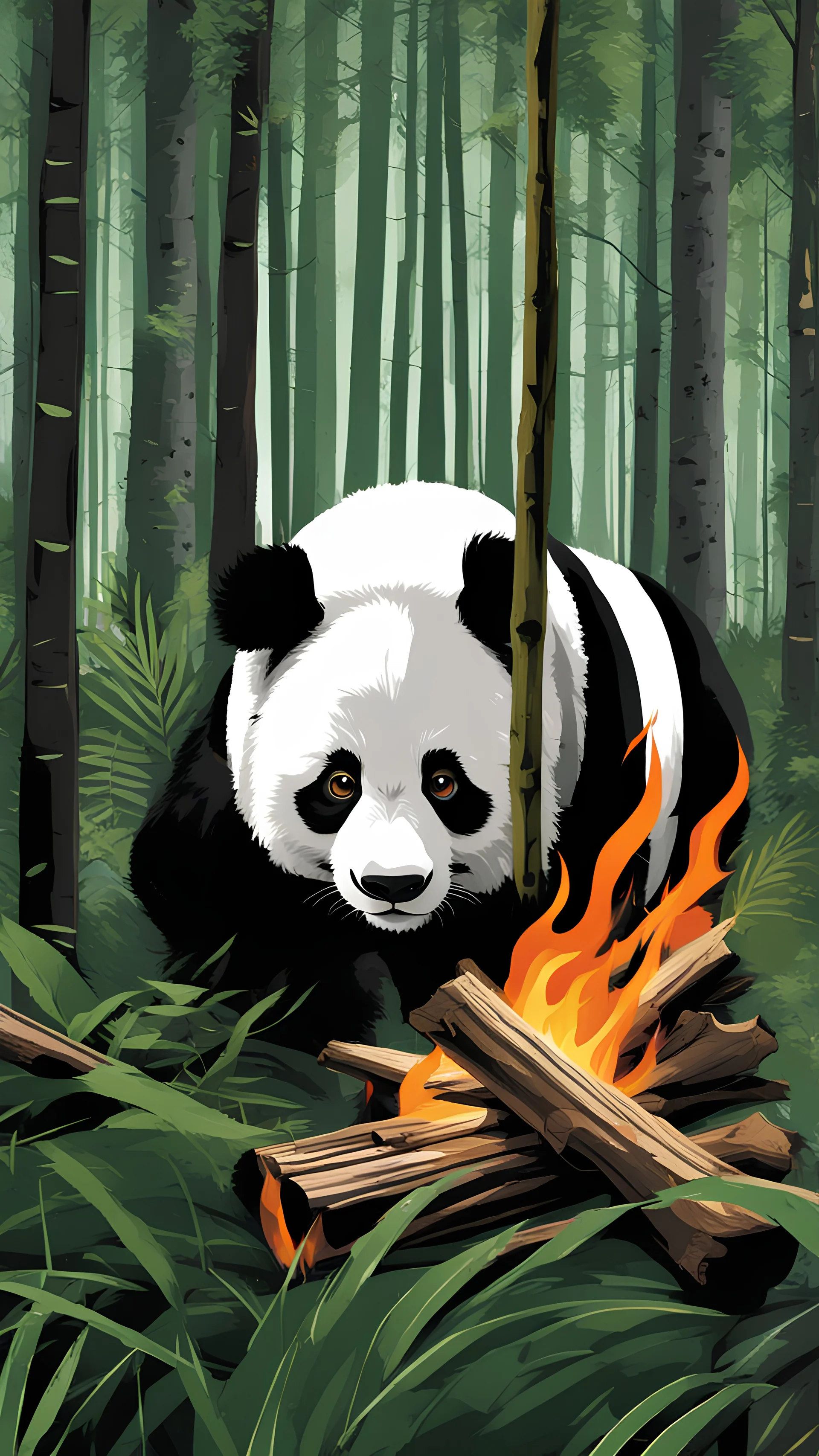 A Panda in the Forrest ,His eyes reflects a burning wood