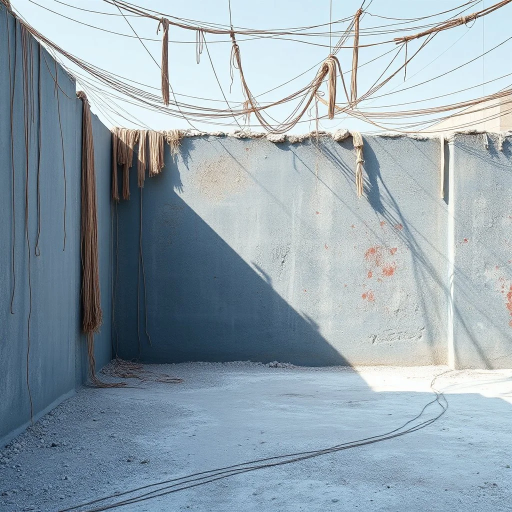 Photograph, fili, alluminio, rami, brutalist, rags, daylight, parete rocciosa appoggiata a muro di cemento blu in un deserto, brutalist, red spots, liquid, open air museum style, corde, apparecchi elettronici, powder, punto bianco, minimalist, details of the dust very accentuated, deep 3d field