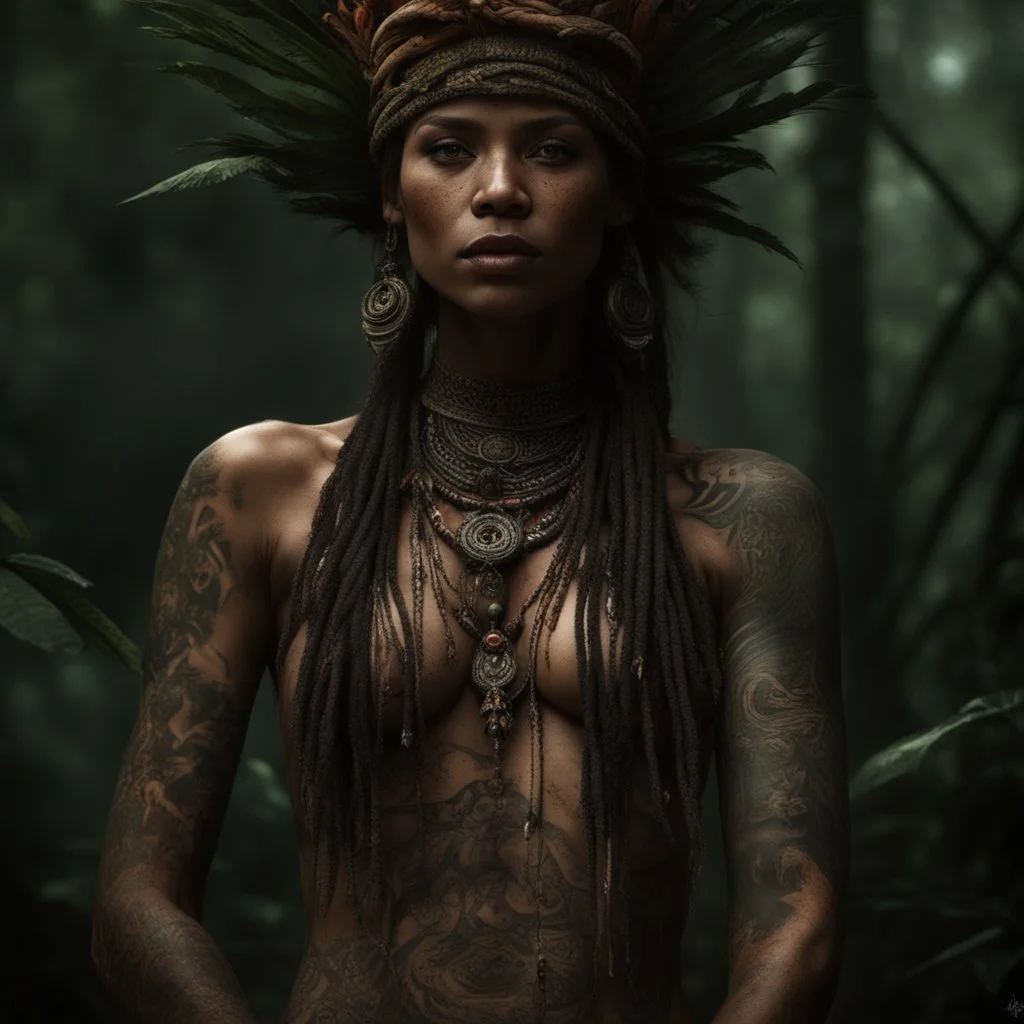 Behold the powerful alluring and pretty amazonic shaman woman, her body adorned with mystical tattoos, in the middle of amazonic jungle. intricate details, HDR, beautifully shot, hyperrealistic, sharp focus, 64 megapixels, perfect composition, high contrast, cinematic, atmospheric, moody