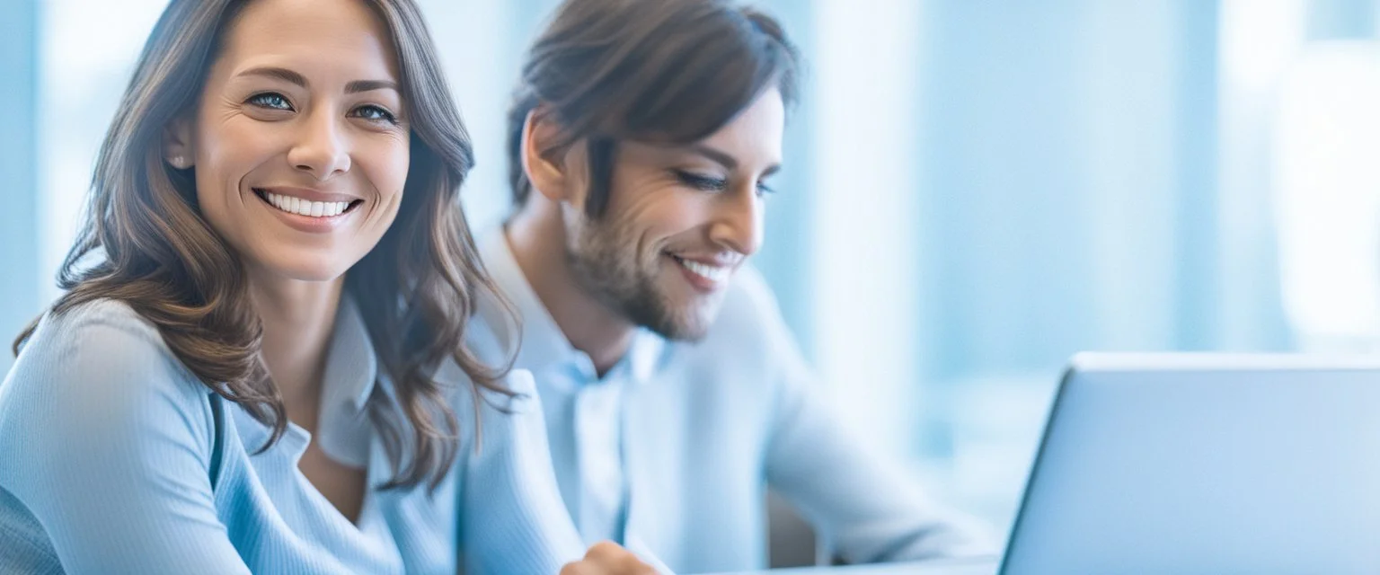 woman sitting at desk with laptop, she looks away from computer and smiles, man in background also sitting at desk working on laptop but blurred, business photography