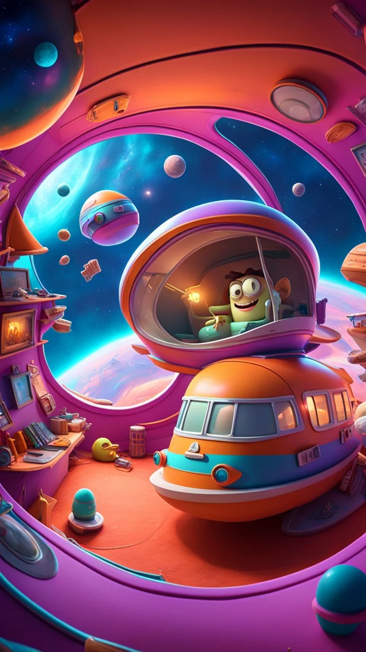 big ass solicitor floating around in space among weird living space camper ship driving down weird twisted track, spelljammer, Pixar-inspired, expertly crafted in a whimsical and vibrant cartoon style. is masterfully rendered in a lifelike 3D design, which captivates viewers with there irresistible charm. The background is filled with warm, inviting colors and a 3D render, creating a cinematic. depth of field