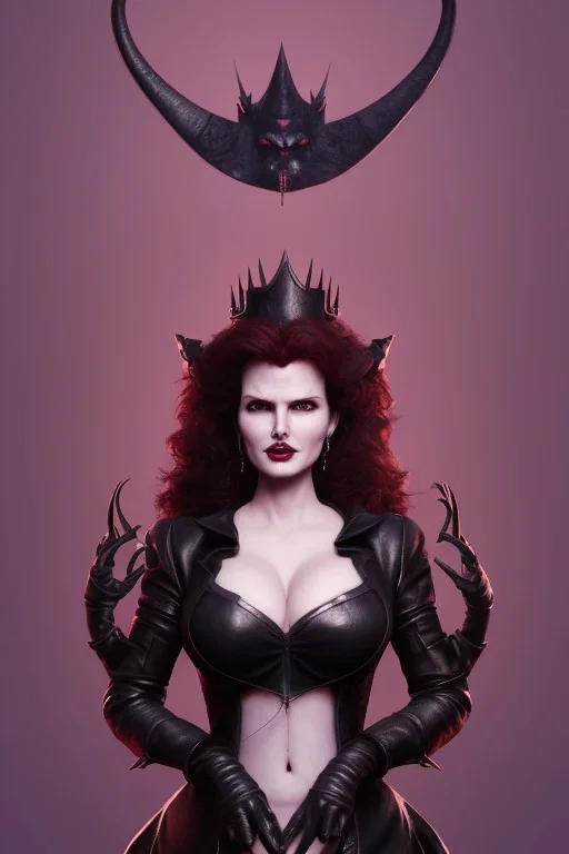 Geena Davis as evil queen in black leather, leather, busty, cleavage, angry, rage, stern look. character design by cory loftis, fenghua zhong, ryohei hase, ismail inceoglu and ruan jia. unreal engine 5, artistic lighting, highly detailed, photorealistic, fantasy