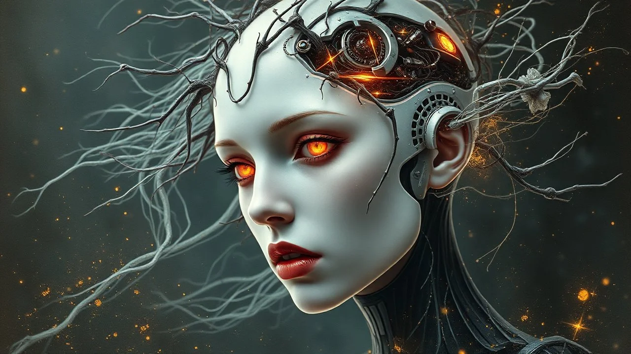old worn paper, Ethereal bald white woman with thorns, thistles and plant roots on her head, human brains biomechanics cyberpunk style digital painting depicting a glowing woman with robotic features, combining human and artificial elements in a gripping sci-fi scene with intricate details and a cinematic atmosphere. Red lips, gold fragments, silver particles, wind, swirls, glare, glow from within, 8K, fine rendering, high detail, hyperrealism, high resolution, multi-layered, hyperdetail, hyperf