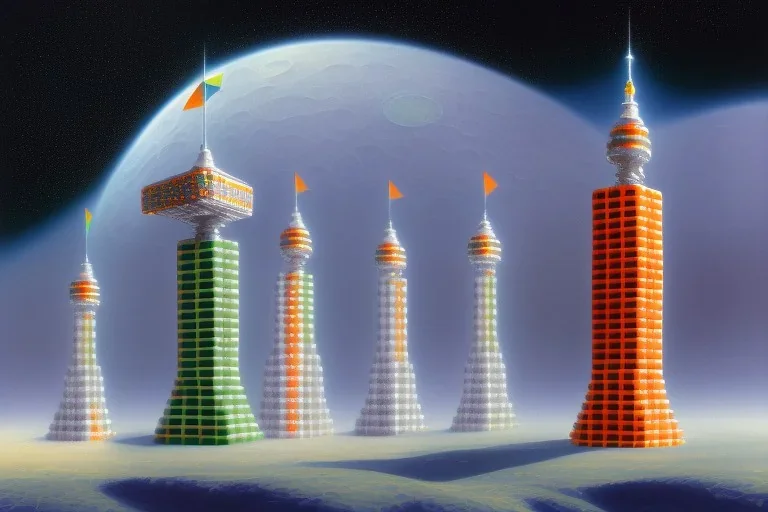 Painting of one mile tall plastic city Towers on the moon made out of stacked Rubik's Cubes, Orange, white, blue, green. Jewel tones