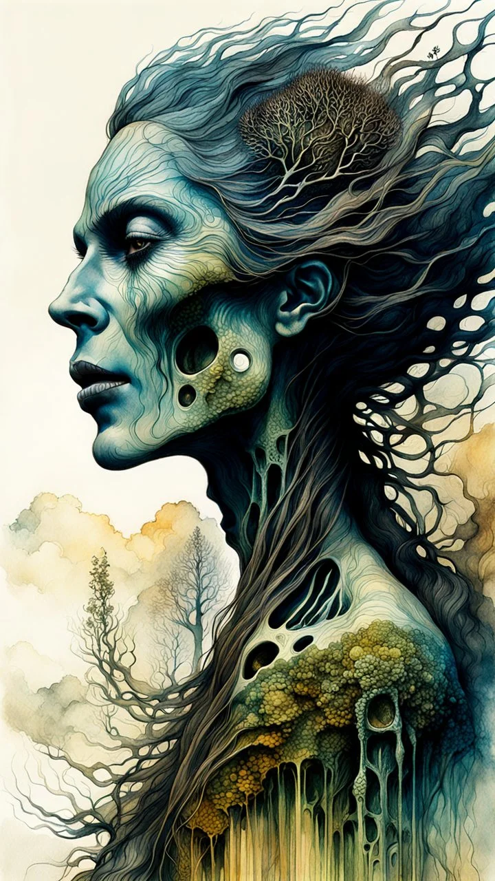 Zdzislaw Beksinski, Max Ernst, and Peter Gric style ink wash and watercolor, full body illustration of a transcendent woman , highly detailed facial features, mixed to anatomical body view, visible plant and stone like skeletal structure, wildly flowing hair, 8k octane, all in focus, clean face, no grain, ethereal, otherworldly, Ancient Druid Forest Goddess concept art in vibrant natural autumnal colors