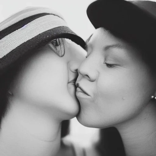 women leaning in for a kiss, portrait, alone, single