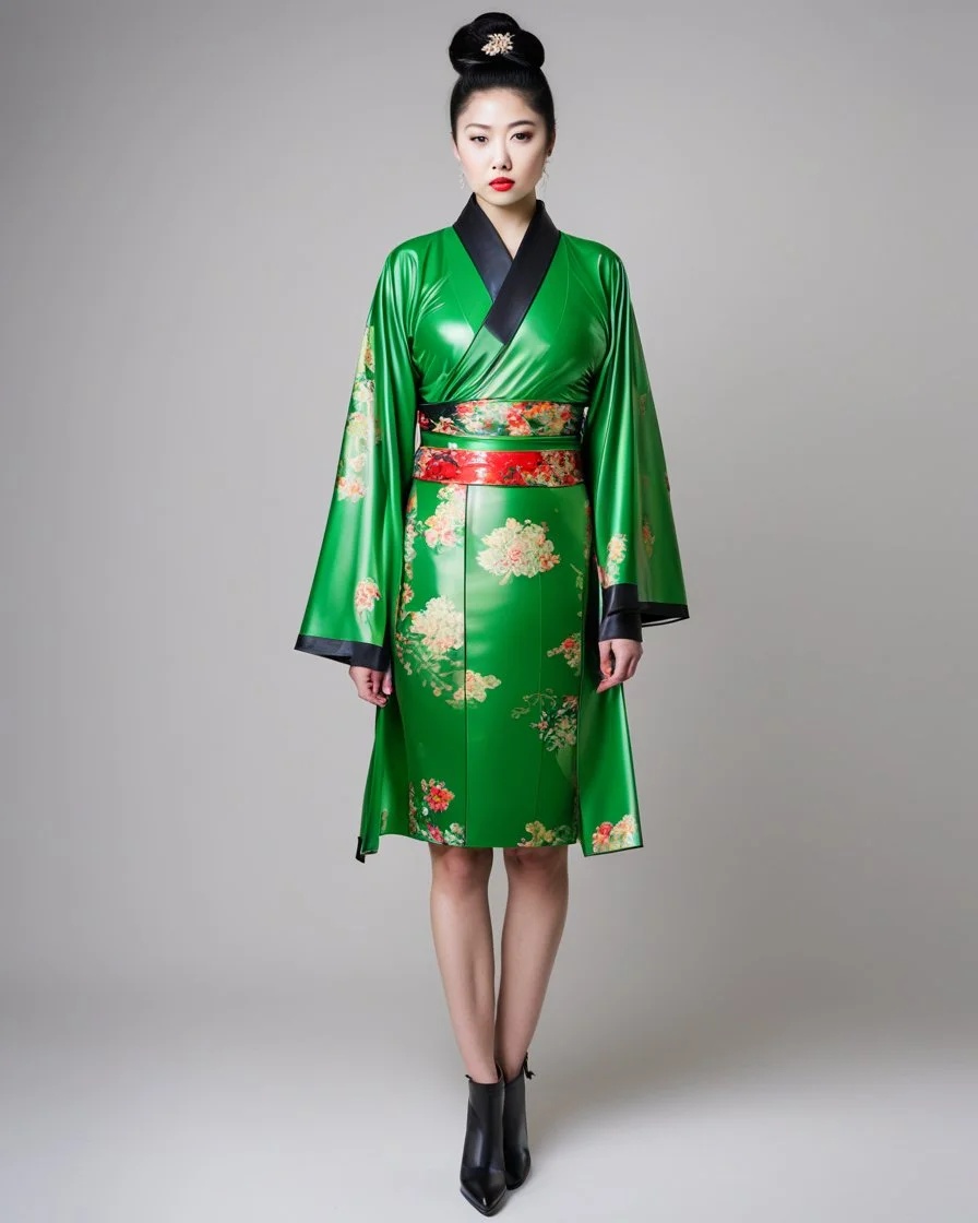 latex rubber green geisha asian kimono wetsuit