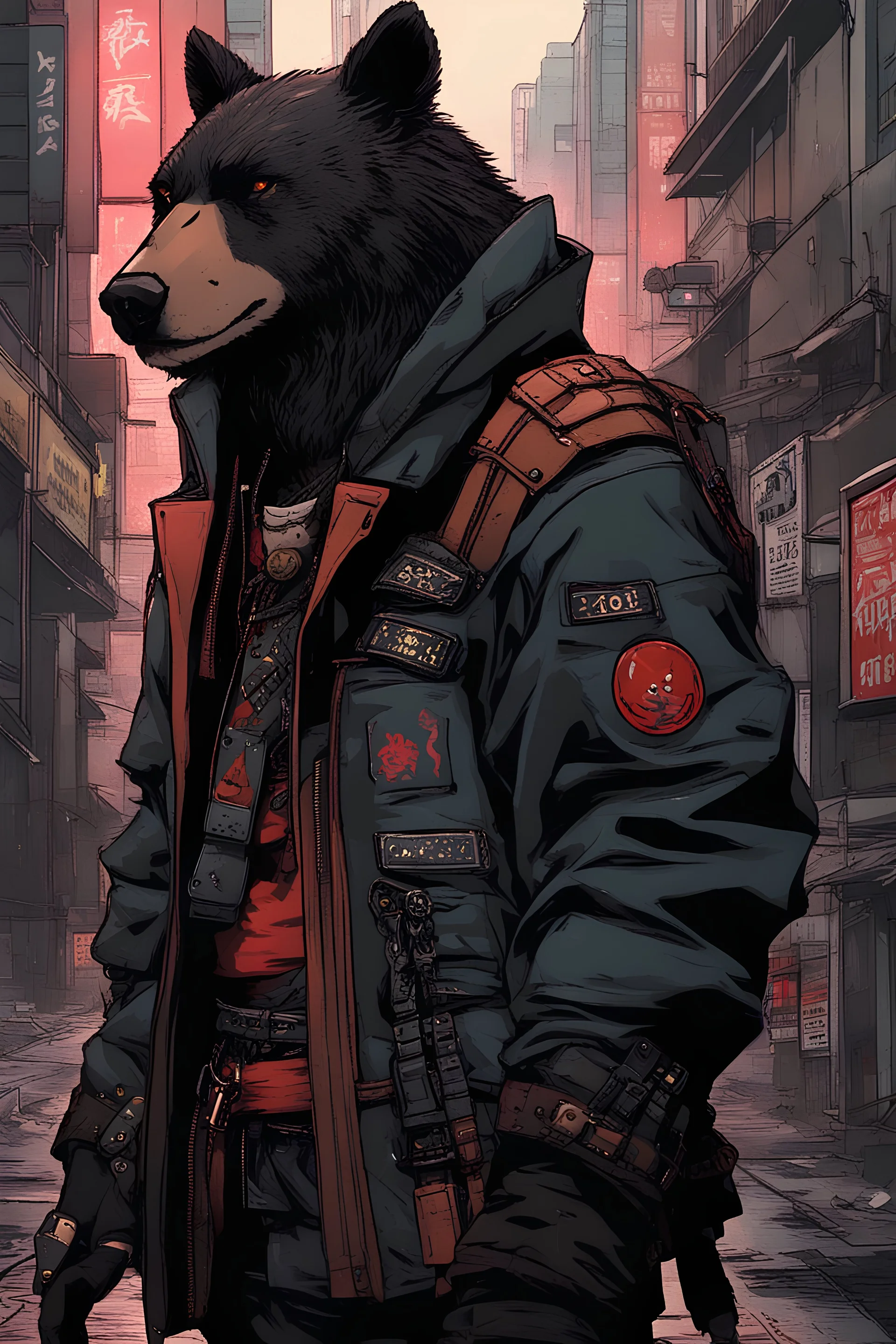 cyberpunk city alley human samurai with bear patch on his jacket