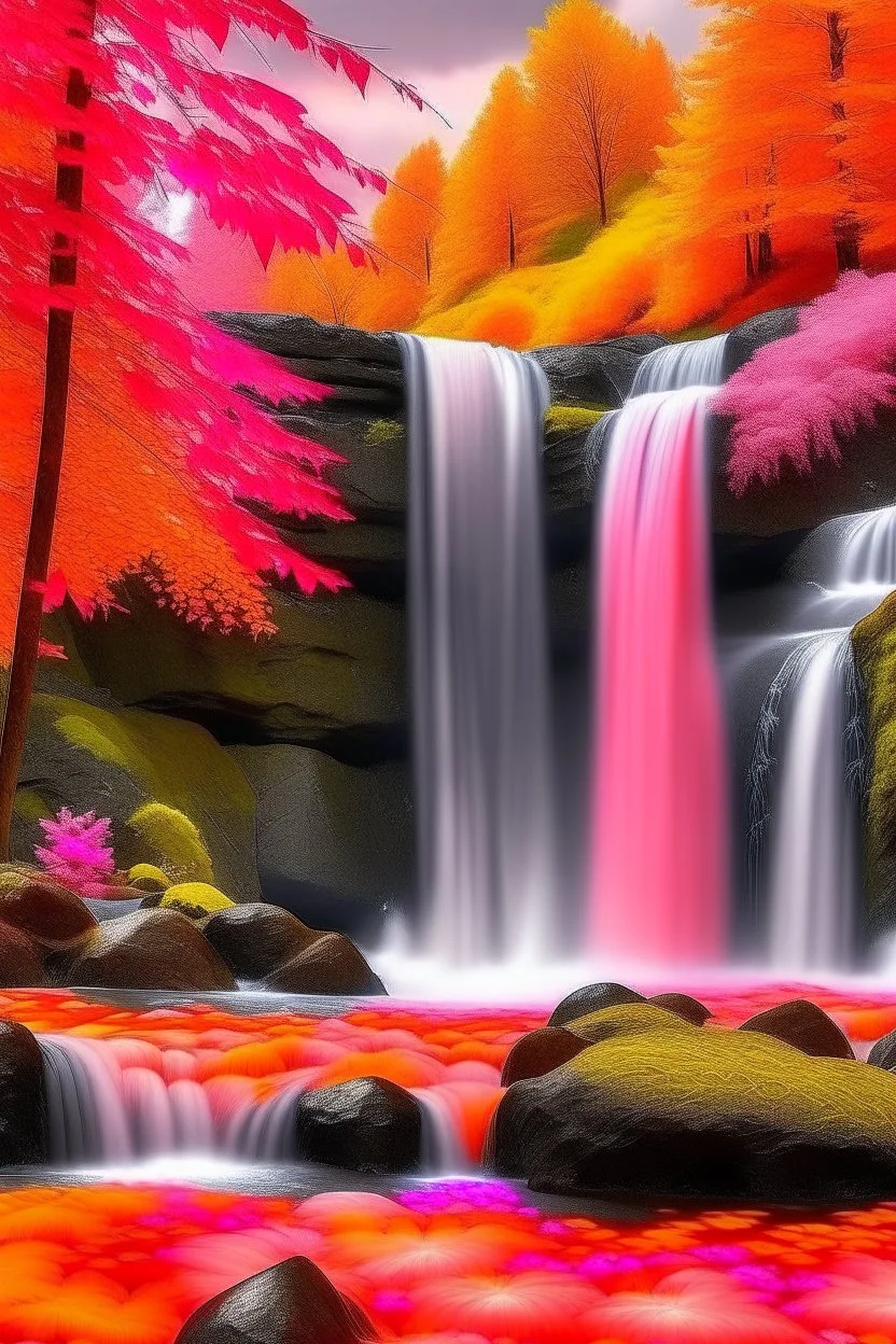 waterfall, with beautiful pink and orange trees