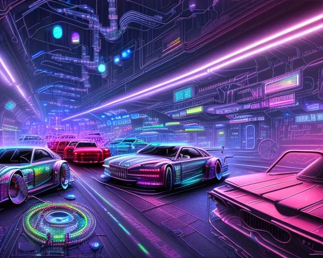 a cityscape inspired by the inside of a computer, streets and buildings made of circuits, data cables, and other electronic components, futuristic unprecedented cars on the road, cyberpunk, realistic, intricately detailed, neon lighting, vivid colors