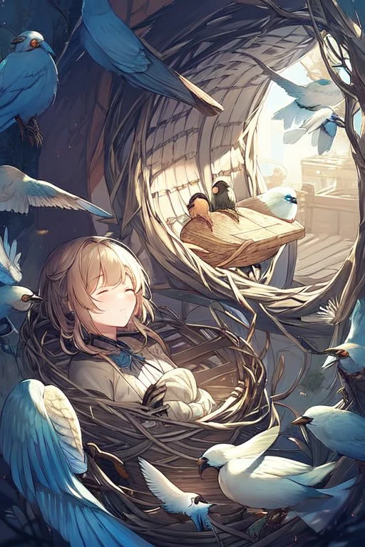 Sleeping bird in a nest