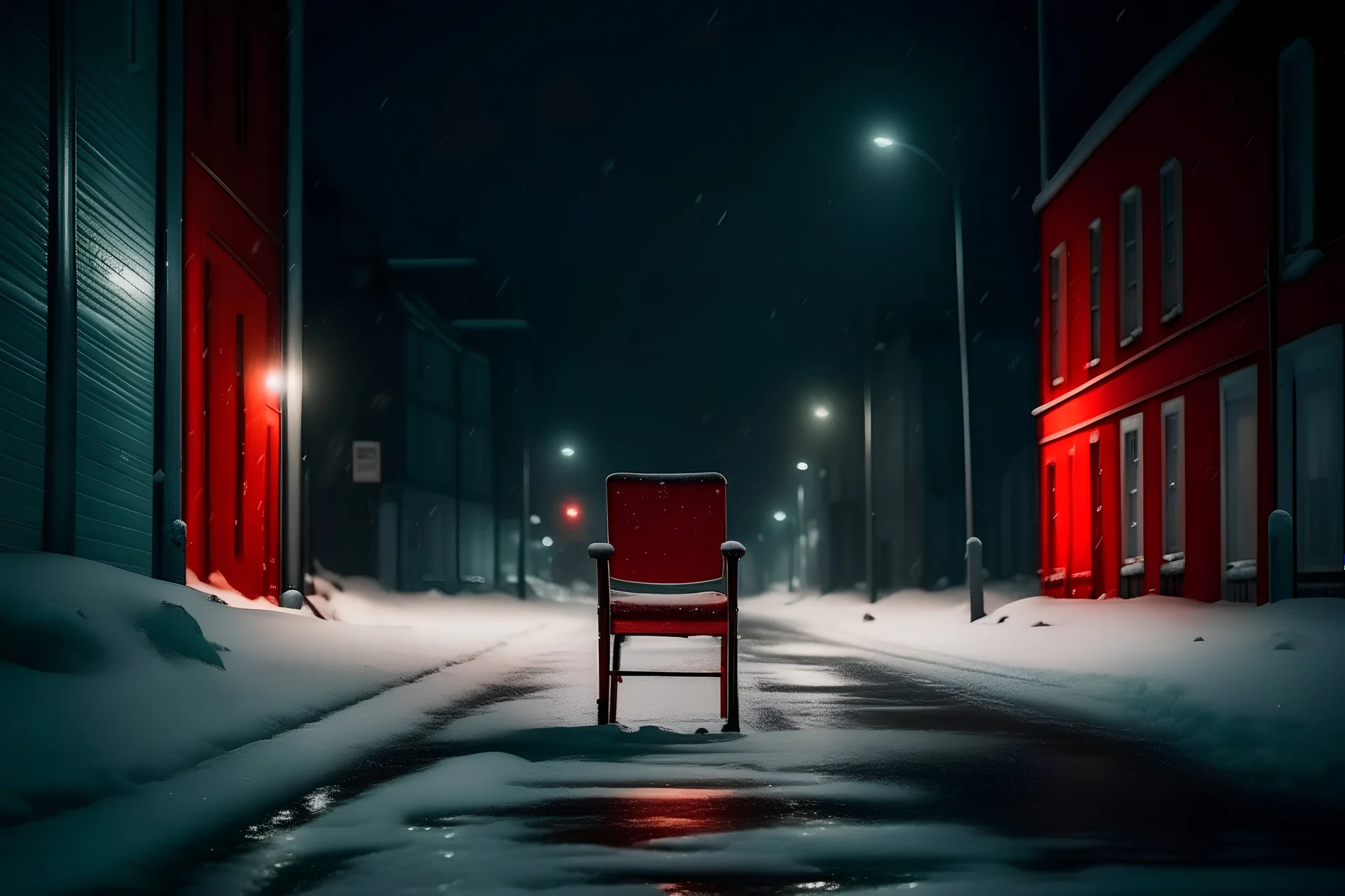 En mitad de la noche polar, mientras la nieve arrecia, en mitad de la carretera ha una silla con el asiento de color rojo, al fondo se ven las luces de una pequeña ciudad entre la nieve que cae. Fotografía realizada con una cámara Leica. Fotografía real. Estilo True Detective Noche Polar