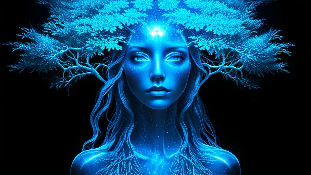 The photo is in a bioluminescent and bioluminescent art style depicting a divine tree woman, double exposure, Bioluminescent dewy translucent glowing skin, ethereal glowing eyes, long neck, perfect face in ultra-realistic details, blue hues, flowing hair, The composition imitates a cinematic film with dazzling, gold and silver lighting effects. Intricate details, sharp focus, crystal clear skin create high detail. 3d, 64k, high resolution, high detail, computer graphics, hyperrealism, f/16, 1/30