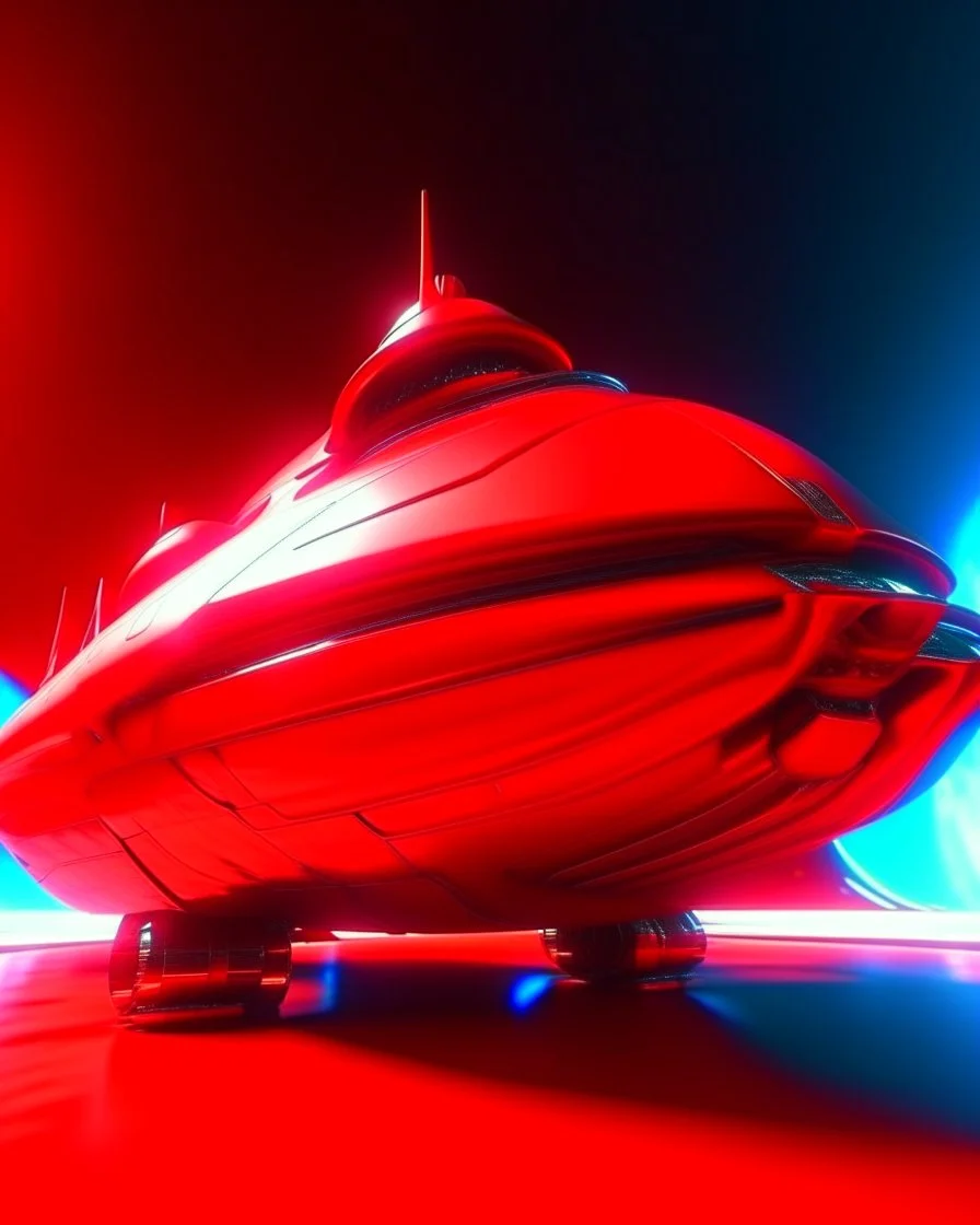 low view angle shot down from upper left front and showing the full vehicle, a RETROFUTURISTIC HOVERING CRAFT OF ALIEN ORIGIN, a beautiful look up modern is decorated with red abstract SKYLINE, all red background, , vray, raytracing