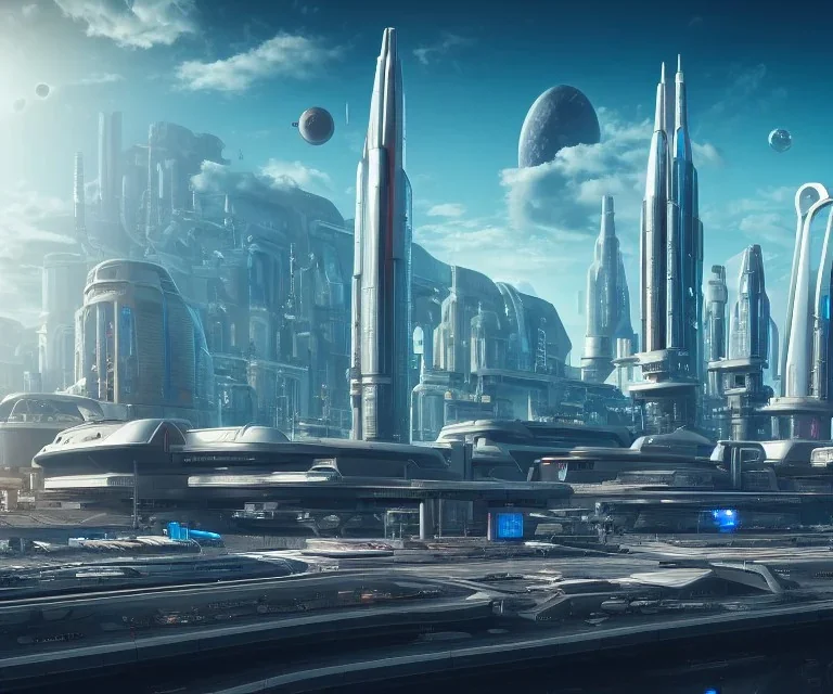 Spaceport on a heavy industrialized planet with a futuristic city in the background and a docked spaceship in the foreground, retrofuturistic, buildings with glass facades, Brutalität architecture, insanely detailed, vibrant, 8k uhd, cinematic atmosphere, ultra-wide angle, street level view, brush strokes, blue sky with clouds, sharp focus