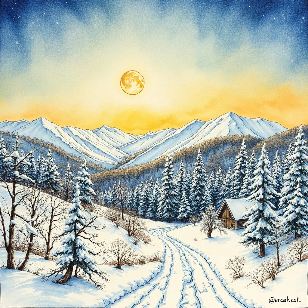 surreal winter landscape,optical illusion, zentangle Modifiers: highly detailed fantasy beautiful award winning fantastic view dramatic pen and ink Tim Burton dreamy Surrealism watercolor and ink wet on wet water colours golden our