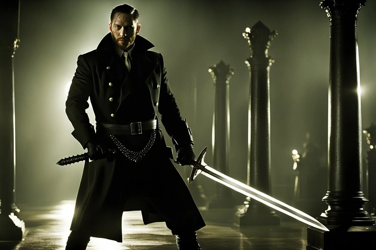 Still frame of Tom Hardy as Father Alexander Anderson from the live action "Hellsing" movie based on the anime of the same name. He is throwing glowing swords.