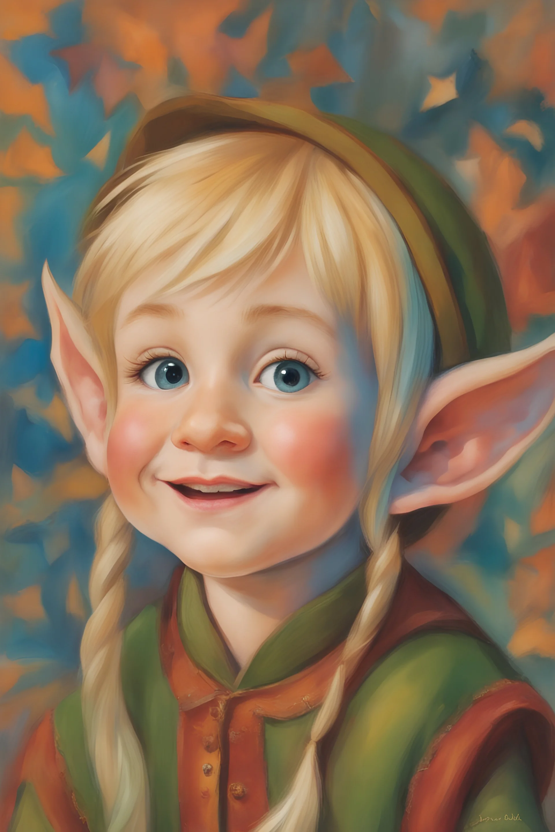 Handsome little elf man with pointed ears, big nose, 30cm, light eyes and long blond hair laughing insolently