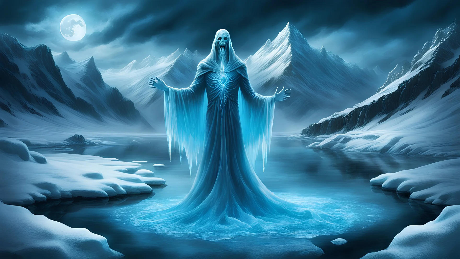 an ice ghost undead deathless draugr, inhuman horrifying ice wraith, floating hovering; evil spirit, bright blue eyes, a shimmer of blue magic; frozen landscape, glacier in the background; dark skies, night time, full moon, storm clouds;