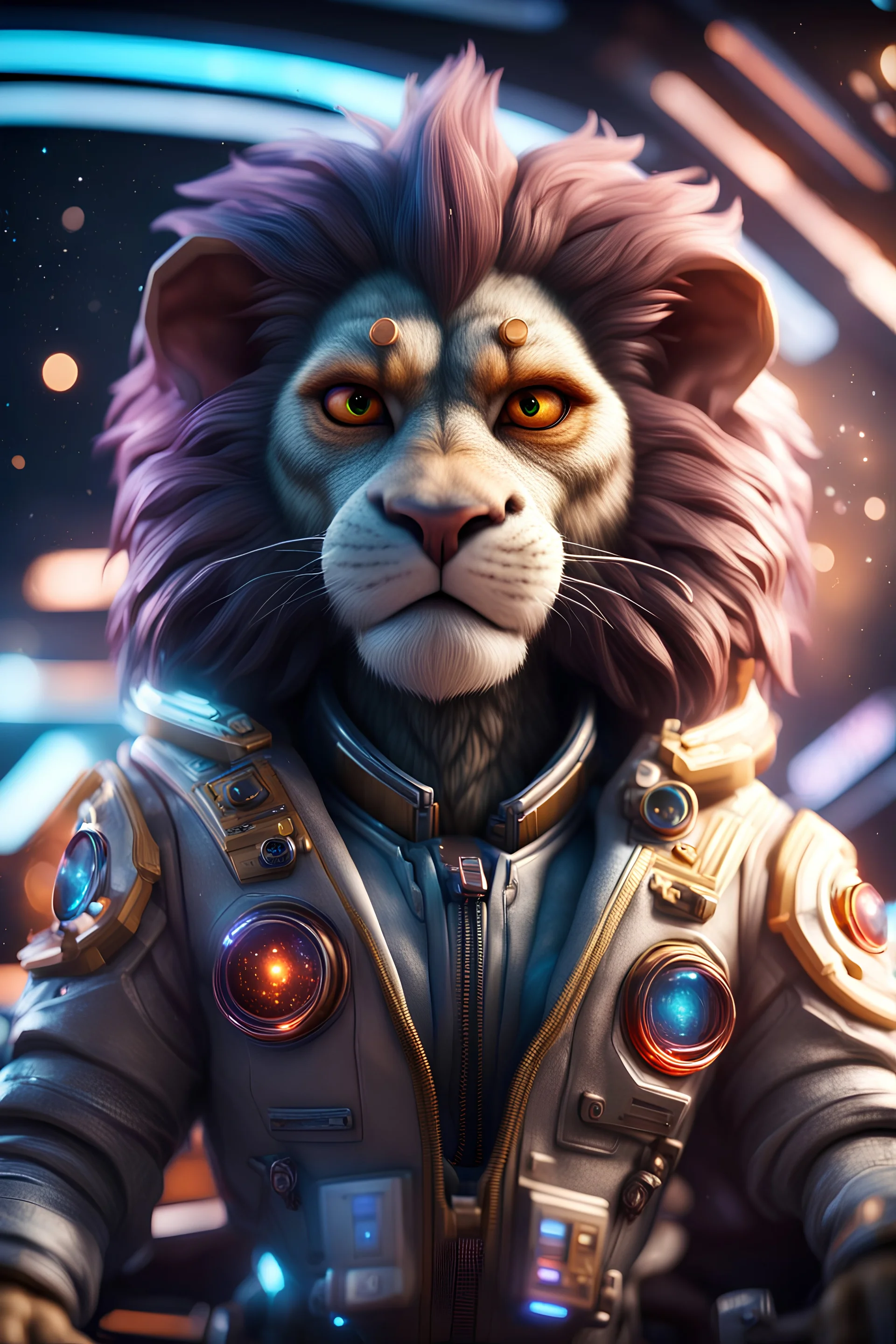 pen outline, really macho pimp gremlin lion captain that go hard sitting in space station cockpit , in front of space portal dimensional glittering device, bokeh like f/0.8, tilt-shift lens 8k, high detail, smooth render, down-light, unreal engine, prize winning