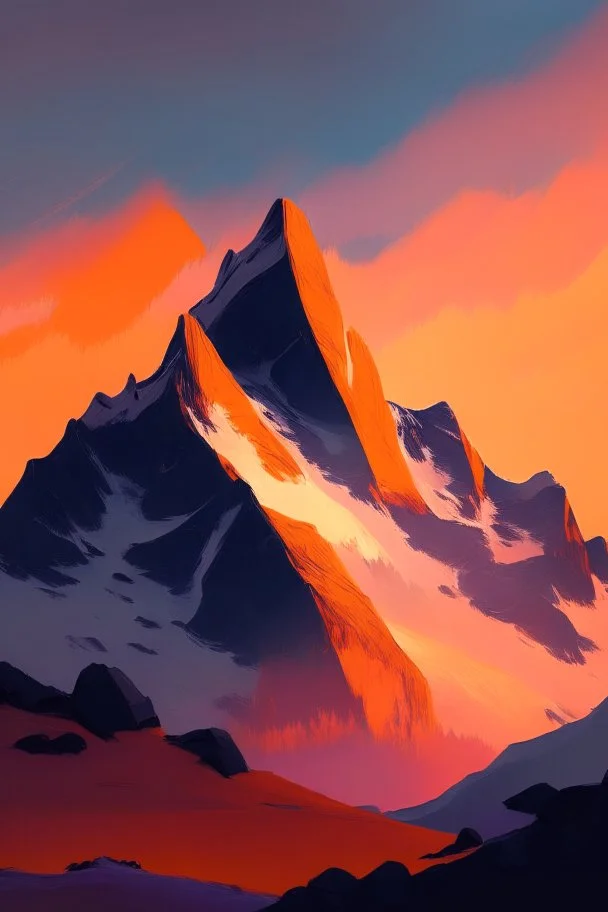 basic paint of big rock mountains with and orange dawn sky with no clouds close montains