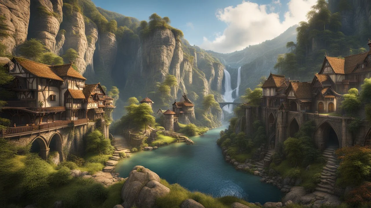 a small medieval town at the end of a steep, narrow, tall cliff valley. multiple waterfalls, a masterpiece, fantasy concept art, dynamic lighting, hyperdetailed, intricately detailed, deep color, Unreal Engine, volumetric lighting, Epic cinematic brilliant stunning intricate meticulously detailed dramatic atmospheric maximalist digital matte painting