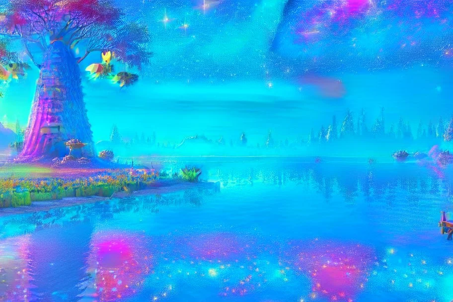 blue and gold crystal cosmic and galactic ambiance sky trees river lake, full of details, smooth, bright sunshine，soft light atmosphere, light effect，vaporwave colorful, concept art, smooth, extremely sharp detail, finely tuned detail, ultra high definition, 8 k, unreal engine 5, ultra sharp focus