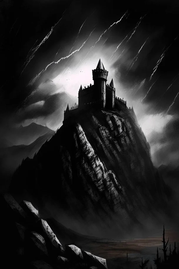 Dark and gritty drawing of a fortress in mountains, dark skies, towers