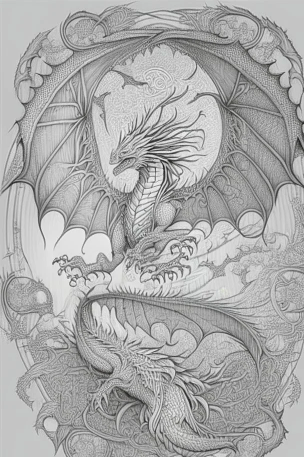 line art of a flying dragon, mandalas