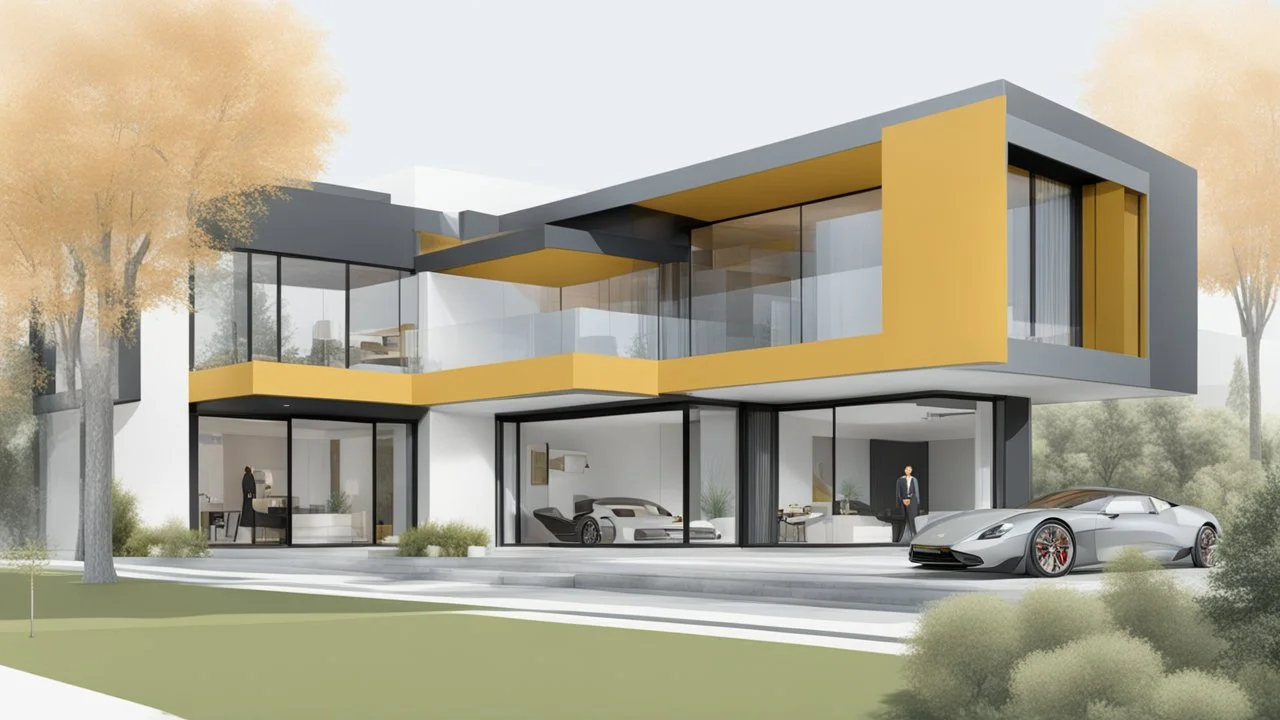 Architectural drawing of a luxurious modern country house, trees, people and cars, complementary colors