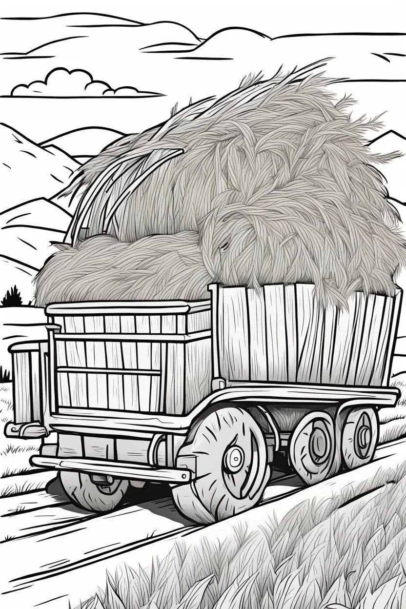 coloring page, flatbed wagon carrying hay, cartoon style, thick lines, low detail, no shading